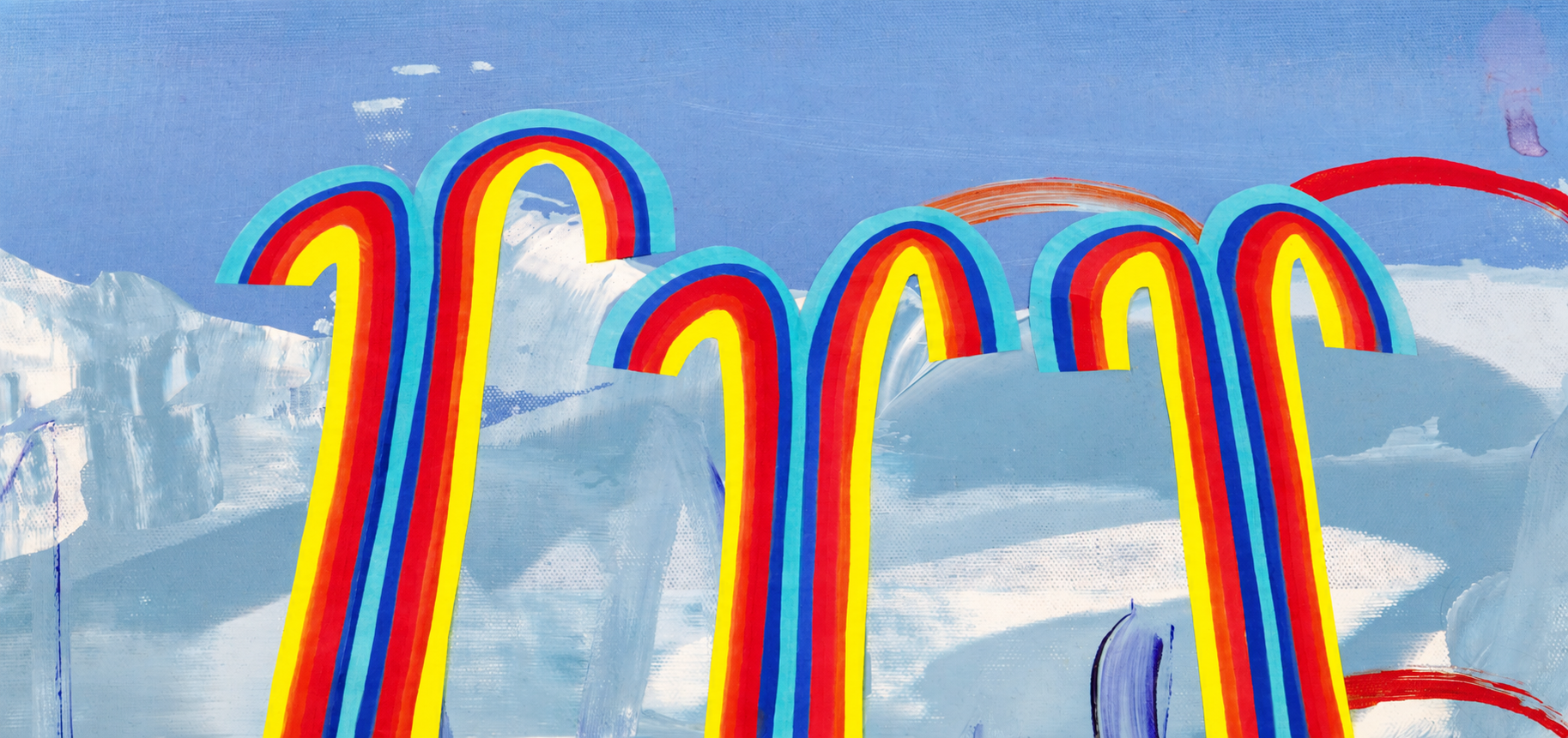 Hand-painted rainbow portals rising from an icy landscape under a deep blue sky
